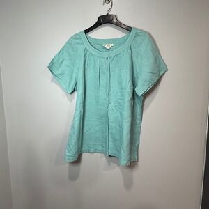 Orchadia Womens 2X Linen Cotton Blend Short Sleeve Blouse Teal Blue Made in USA